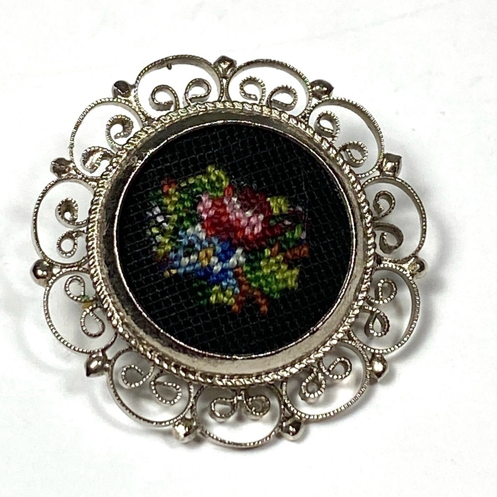 Vintage Needle Point Brooch Pin Floral Pattern Black Flowers
